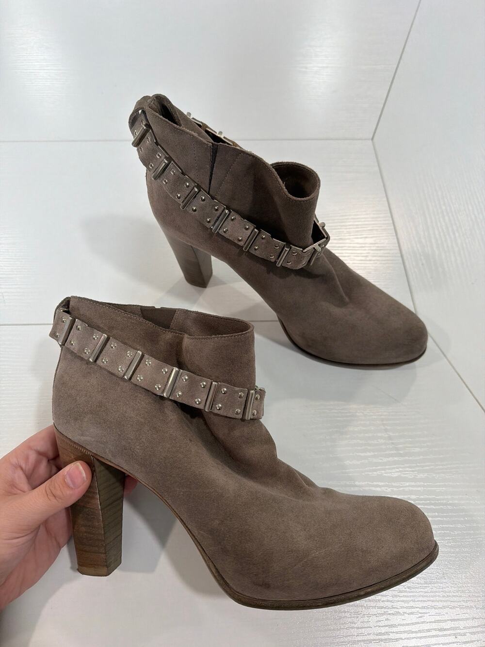 Sartore Paris Suede Buckle Heeled Boots Gray Taupe Size 41